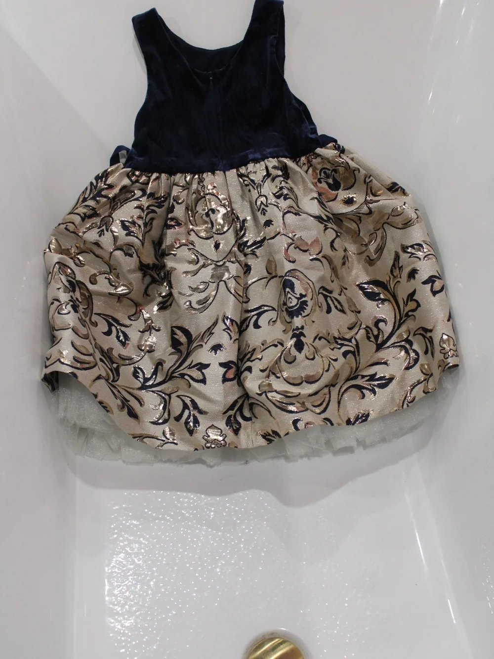 American Princess Navy Velvet & Cream Floral Brocade Dress with Bow
